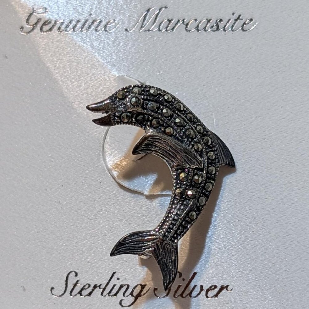 Sterling silver and marcasite dolphin brooch